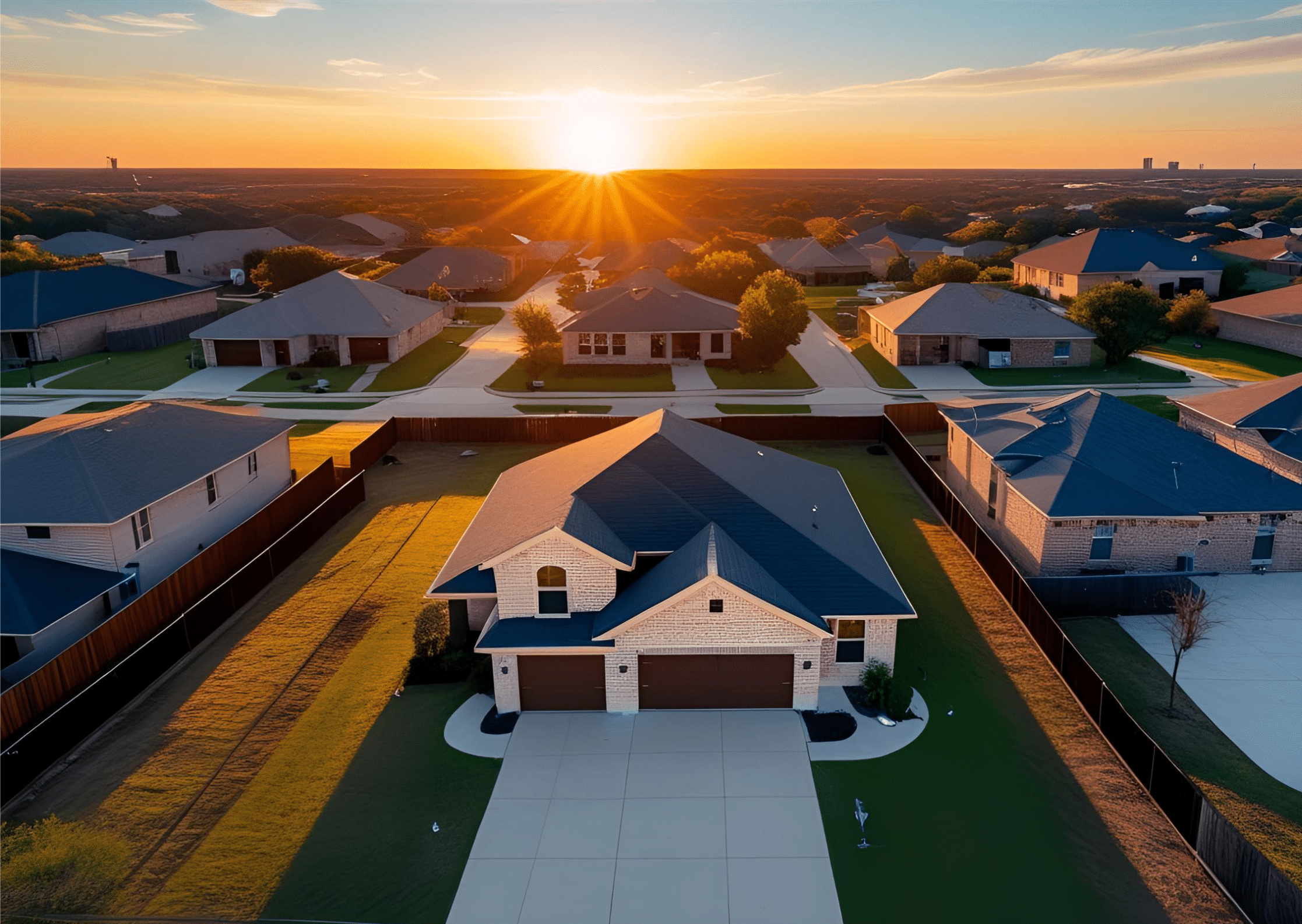Aerial view of houses and scenery of sky and sunset Aerial view of houses and scenery of sky and sunset